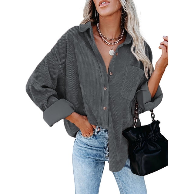 Womens Corduroy Casual Button Down Shirts Long Sleeve Boyfriend Oversized Collared Shacket Jacket Blouses Tops