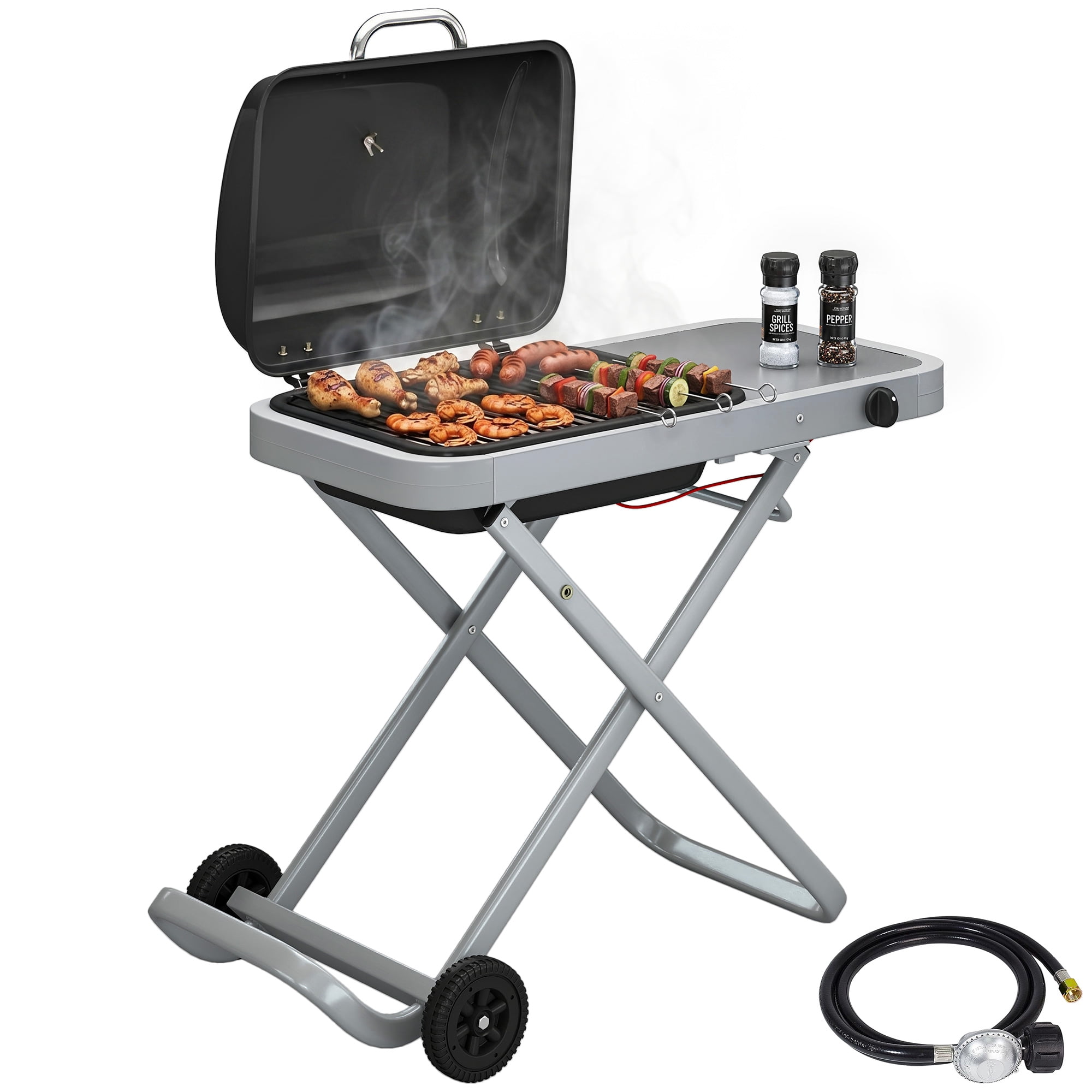 Outsunny Portable Propane Gas BBQ Grill with Foldable Cart, Wheels, Black