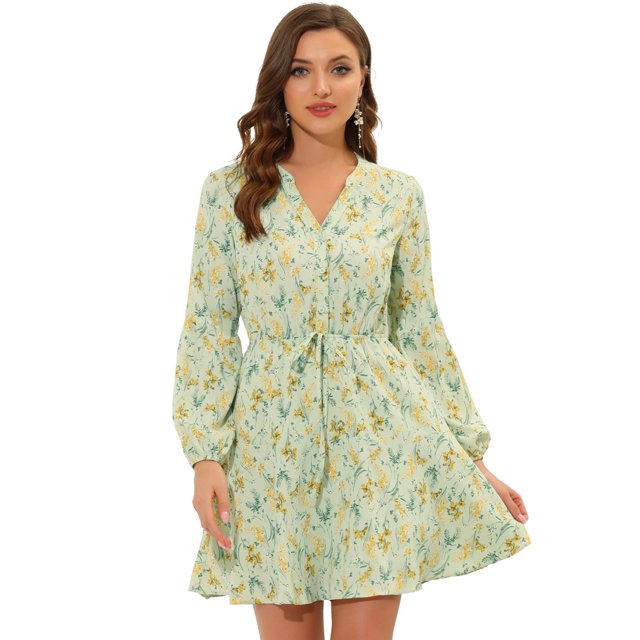 INSPIRE CHIC Robe Midi Courte Trapèze pour Femme à Col en V, Imprimé Floral, Taille Élastique, Boutonnée, m Vert Pâle