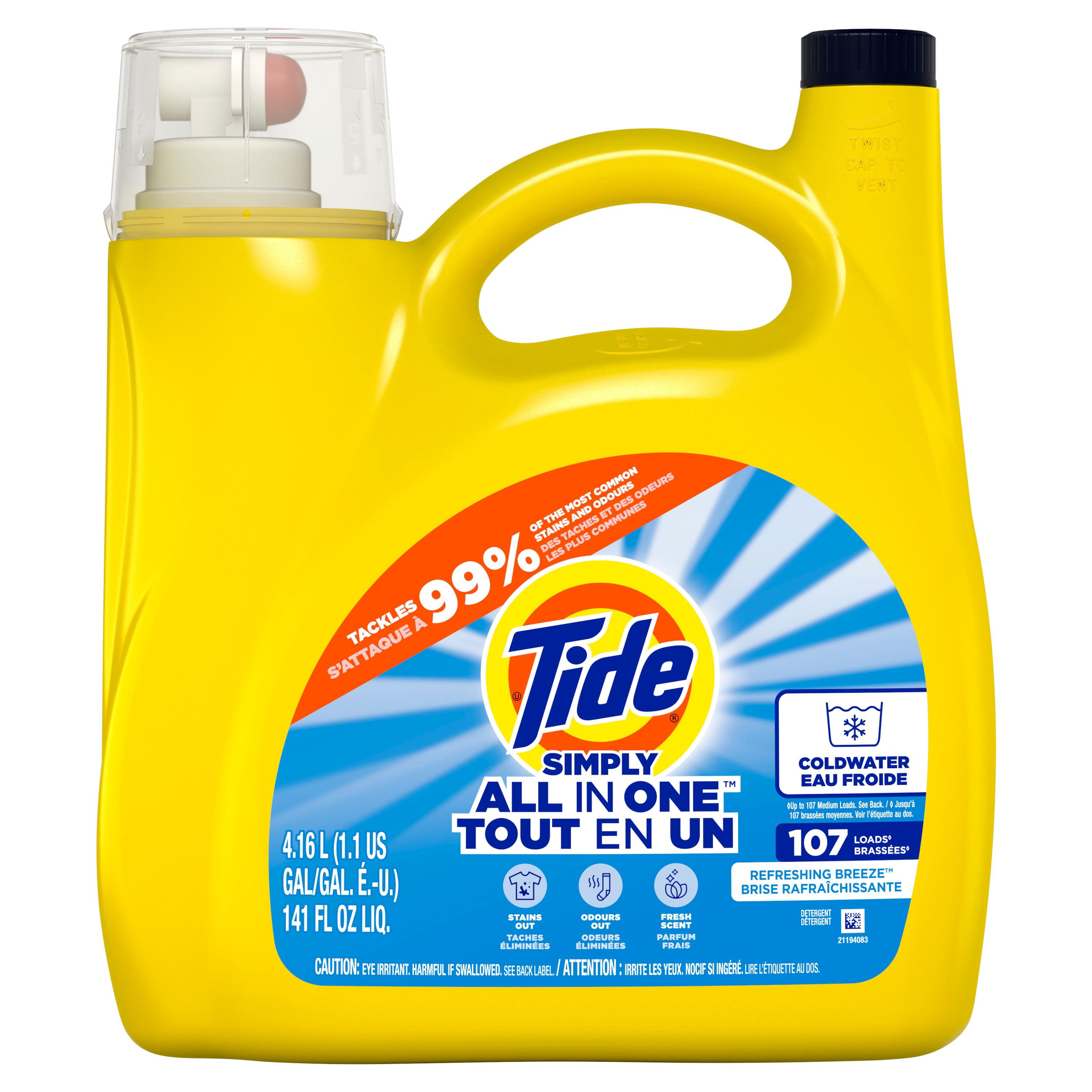 Tide Simply All-In-One Liquid Laundry Detergent, Refreshing Breeze Scent, 107 Loads, 4.16 L