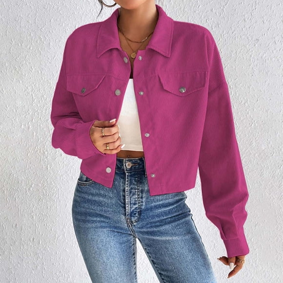 YUTK Womens Jackets and Cardigans Women's Solid Color Lapel Cardigan Long Sleeved Top Jacket Sale Hot Pink M