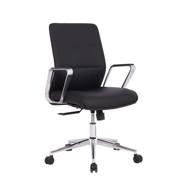 TygerClaw Mid Back Microfiber PU Office Chair with black microfiber upholstery, chrome aluminum armrests with padded tops, pneumatic height adjustment, tilt tension control, and a heavy-duty chrome aluminum five-star base with caster wheels for smooth 360-degree swivel, suitable for ergonomic office and workstation use.
