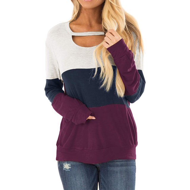 Women's Long Sleeve Tunics Color Block Cutout Sweatshirt Loose Fit Tops
