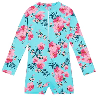 Little Girls Rash Guard Swimwear Ruffle Floral Pattern Sun Protection Long Sleeve Girls Bathing Suit Girls 6-7 Years
