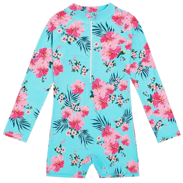 Little Girls Rash Guard Bathing Suits Cute Sun Protection Long Sleeve Girls Bathing Suit 5-6 Years