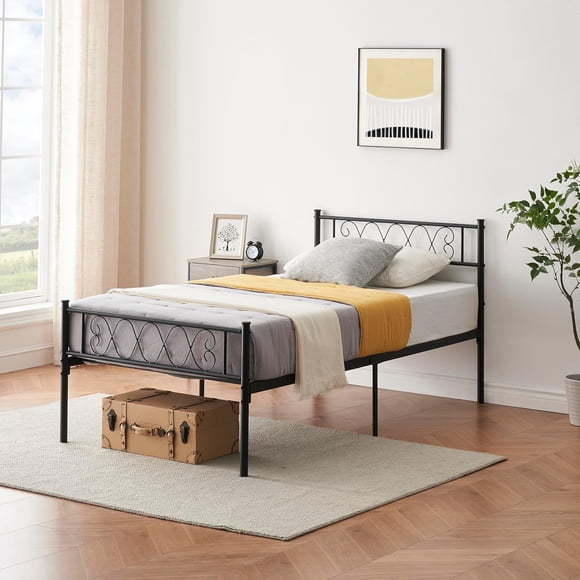 Metal Twin Bed Frame with Headboard and Footboard Featuring Iron Heart Design, Kids Platform Bed for Boys and Girls, No Box Spring Needed, Easy Assembly