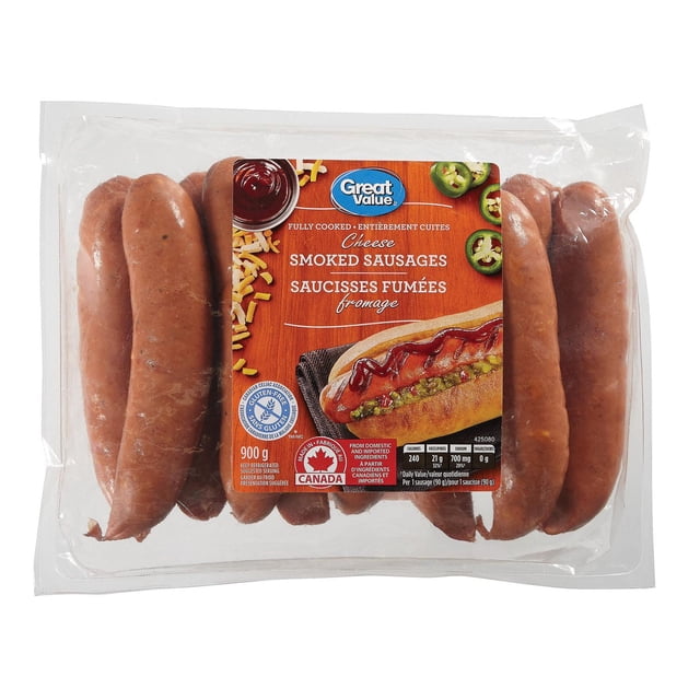 Saucisses fumées au fromage entièrement cuites de Great Value 900g