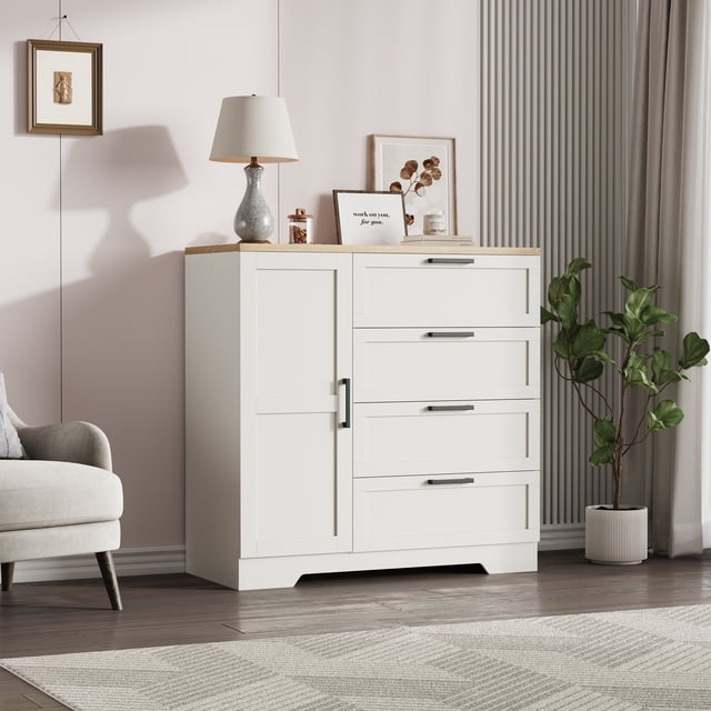 Towallmark Armoire Garde-Robe en Bois avec 4 Tiroirs, Porte et Tringle - Armoire de Rangement Moderne et Commode pour l'Organisation de la Chambre - Brun + Blanc