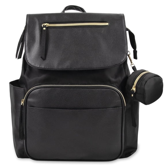 Baby Essentials Black Vegan Leather Multi-Pocket Magnetic Flap and Zipper Closure Fashion Diaper Bag Backpack with Matching 6-Ply Folding Baby Changing Pad, Stroller Straps and Pacifier Pouch in Black