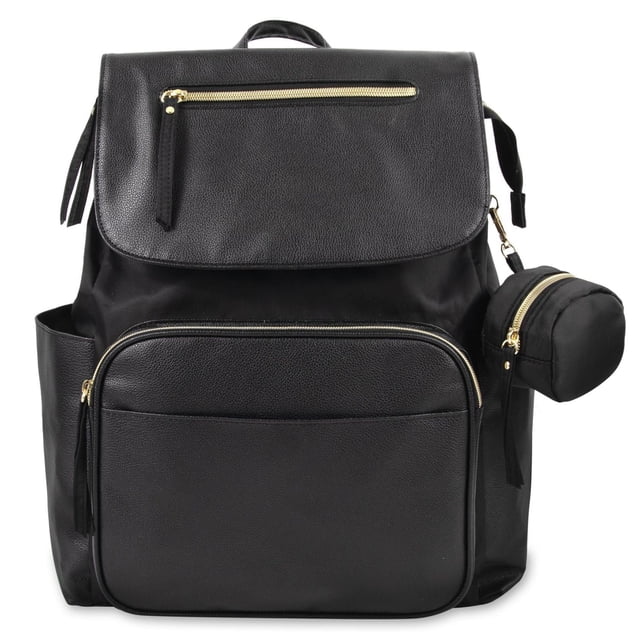 Essentiels pour Bébé Sac à Dos à Couches Mode en Cuir Végane Noir à Multiples Poches avec Rabat Magnétique et Fermeture Éclair, Sac à Langer avec Matelas à Langer Pliant 6 Plis Assorti, Sangles pour Poussette et Pochette à Sucette en Cuir Végane Noir Structuré Vue Orientée vers l'Avant avec Fermetures Éclair Ton Or, Rabat avant Magnétique, Entrée à Fermeture Éclair Supérieure, Bretelles d'Épaule Rembourrées et Ajustables en Maille, Deux Poches Isolées Doublées de Feuille pour Biberon Visibles dans le Compartiment Principal Ouvert, Pochette à Sucette à Clipser sur une Boucle Extérieure et Poches Latérales Renforcées. Dimensions 15 Pouces