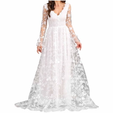 Womens Boho Fall Dresses Long Sleeves Wedding Dresses for Bride Womens White Elegant Mesh Wedding Dress Lace Bridal Gowns Lace Maxi Dress Cocktail Dresses for Women S-56 White M