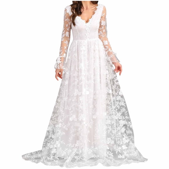 Long Sleeve Dress Long Sleeves Wedding Dresses for Bride Womens White Elegant Mesh Wedding Dress Lace Bridal Gowns Lace Maxi Dress Tshirt Dress S-56 White XXL