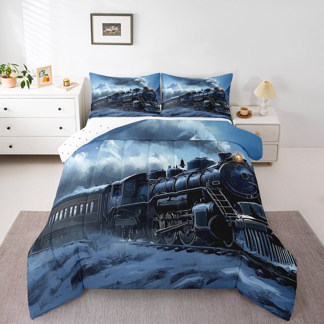 Erosebridal Black Train Bedding Toddler Comforter Set, Steam Engine Down Comforter, Black Blue, 2 Pieces, Reversible