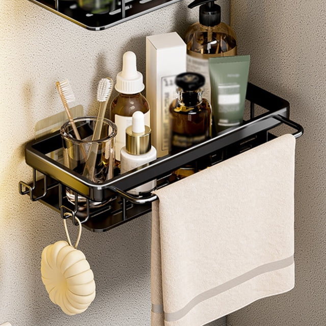Dvkptbk Storage Rack Shower Caddy Shelf Organizer Rack in black, made of rustproof space aluminum. Wall-mounted and no-drilling design, featuring a rectangular frame with hooks and a towel bar. Holds various bathroom essentials like bottles, toothbrushes, and soap. Suitable for bathrooms, kitchens, and balconies.
