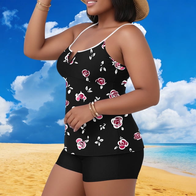 NSLGXD Plus Size Tankini Swimsuits for Women with Built in Bra Loose Fit Floral Printed Modest Two Piece Bathing Suits Quick Dry Tummy Control Swimwear Sets Black Bathing Suits,Size XL-5XL