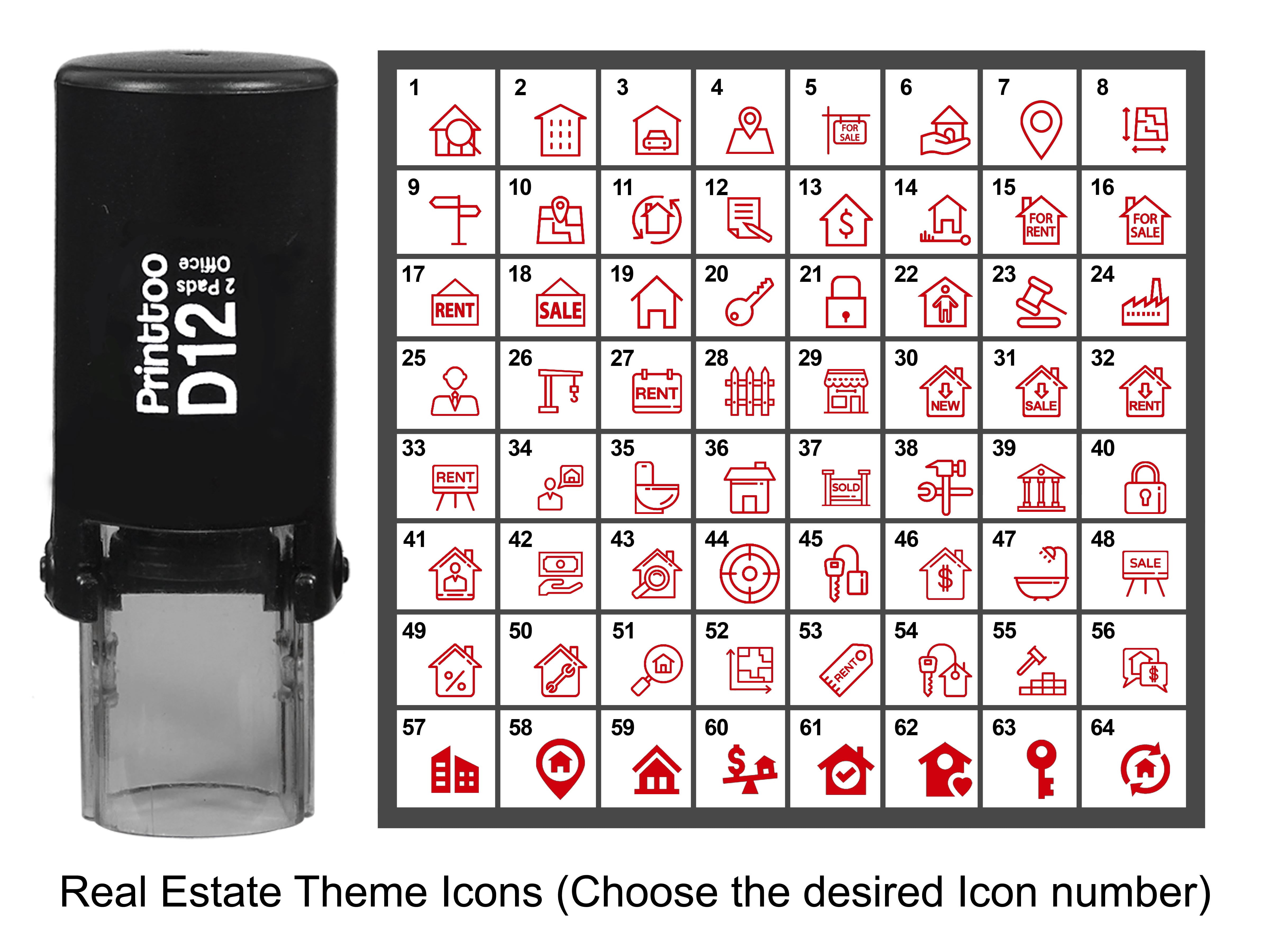 Printtoo Personalized Real Estate Theme Icons Round Rubber Stamp Self Inking Stamper 12 mm-Red
