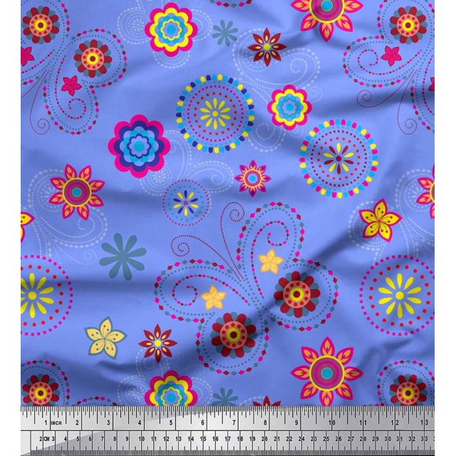 Soimoi Blue Polyester Crepe Fabric Insect & Floral Clip Art Fabric Prints by Yard 52 Inch Wide
