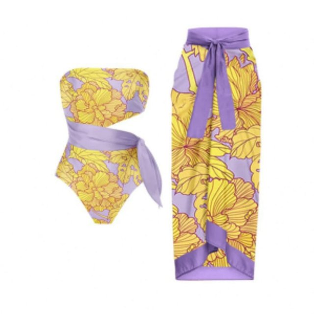 Maillot de Bain une Pièce pour Femmes avec Jupe de Plage Paréo Imprimé Floral Rétro Ensemble Bikini Deux Pièces