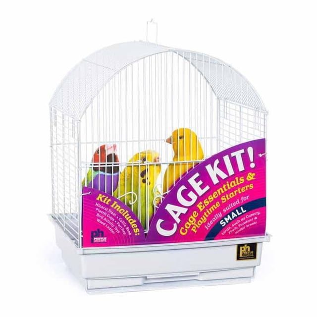 Prevue pet Round Top Bird Cage Starter Kit White with a small white wire cage featuring a rounded top and plastic base, including colorful toy birds inside. The kit contains bird cage accessories such as cups, perches, a cuttlebone, ladder, mineral treats, and toys, suitable for small indoor birds and ideal for creating a safe indoor bird habitat.