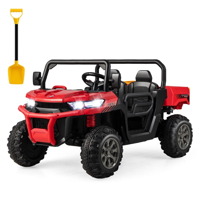 Gymax Camion-Benne UTV 12 V à 2 Places Ride On en Rouge avec Benne Électrique Inclinable et Pelle Jaune Incluse. Comprend des Phares DEL Réalistes, des Miroirs de Rétroviseur et des Pneus Robustes. Conçu pour les Enfants de 3 à 8 Ans, Il Comprend une Télécommande 2,4 g, des options de Musique et un design Spacieux à Deux Places avec Ceintures de Sécurité. Convient aux Jeux Extérieurs et Peut Supporter jusqu'à 110 Lb.