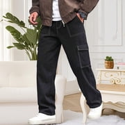 Mceream Men's Baggy High Waisted Wide Leg Denim Cargo Pants Contrast Stitching Business Casual Jeans Trousers with Pockets Pantalones Para Hombres Black M