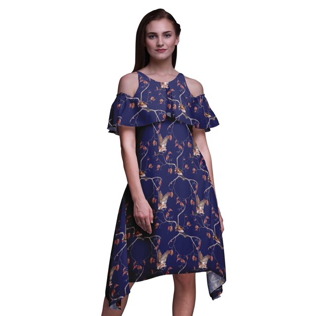 Bimba Blue Bird Print Womens Chic Style Cold Shoulder Shift Dress Summer Tunic - X-Small