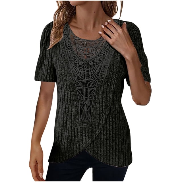 Posijego Tunique en Tricot pour Femmes Hauts Amples à Col Rond Manches Courtes Pull Léger