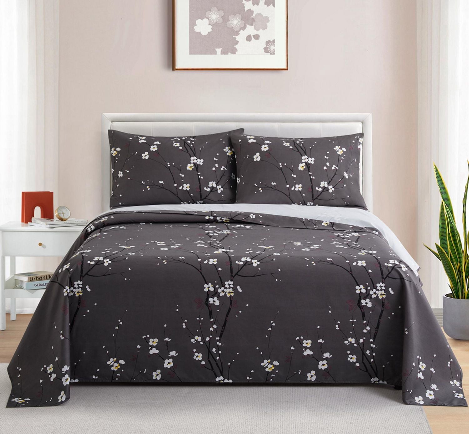 Marina Decoration Printed 600 Thread Count Soft Deep Pocket Hotel Standard Long Staple Cotton Blend Percale All Season Bedding Sheet Set, Plum Blossom Floral Grey Pattern