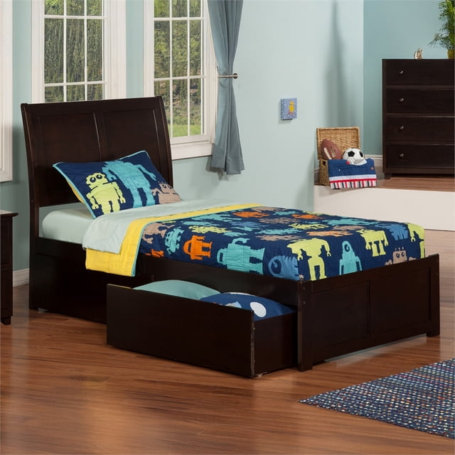 Lit Plateforme Simple en Bois Portland avec Pied de Lit et Tiroirs de Rangement, Couleur Espresso