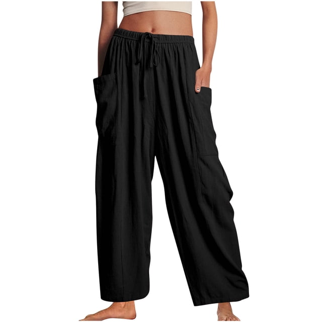Yuyuzo Women's Wide Leg Pants Elastic Waisted Drawstring Long Pants With Pockets Ladies Solid Color Loose Lounge Trousers