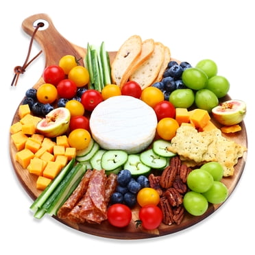 Hecef 12in Round Charcuterie Board with Handle, Acacia Wood Cutting Board Cheese Serving Tray for Pizza Fruits Cheese Bread