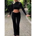 thumbnail image 3 of Honganda Women Spring Outfits Solid Color Long Sleeves Crop Tops Bootcut Pants  2 Pcs Set Streetwear Aesthetic Clothes, 3 of 9