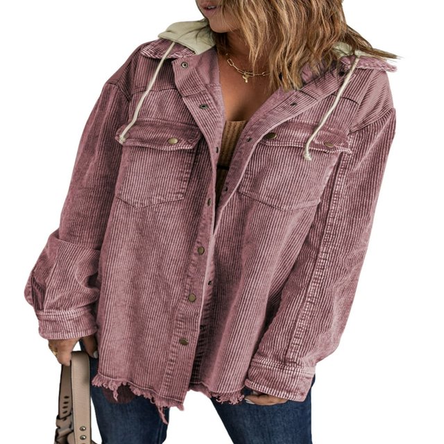 MesaSe Womens Corduroy Shacket Jacket Long Sleeve Button Down Color Block Hooded Coat with Pockets