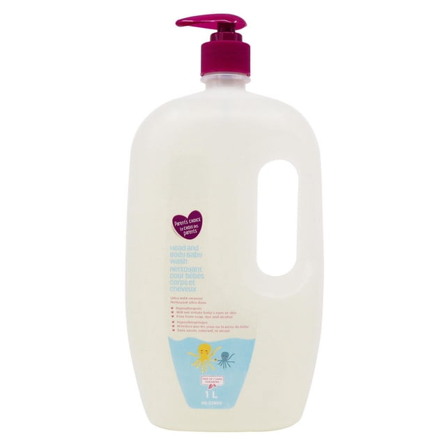 Parent's Choice Baby Head and Body Wash in a 1 L white plastic bottle with a magenta pump and built-in handle, labeled hypoallergenic and free from soap, dye, and alcohol, featuring blue and red text and yellow and blue octopus illustrations, designed for gentle cleansing of newborns' sensitive skin.
