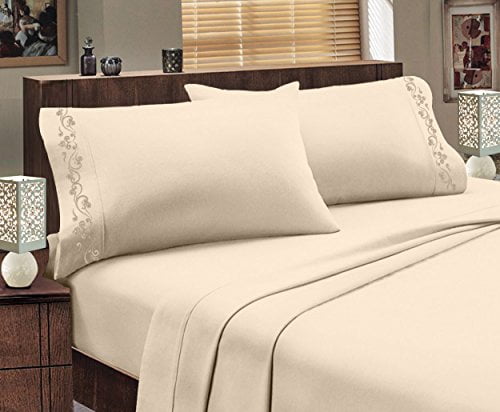 Design Italien 1800 Series Confort Égyptien Super Doux Broderie Ensemble de Draps 4 Pcs (Double, Sable)
