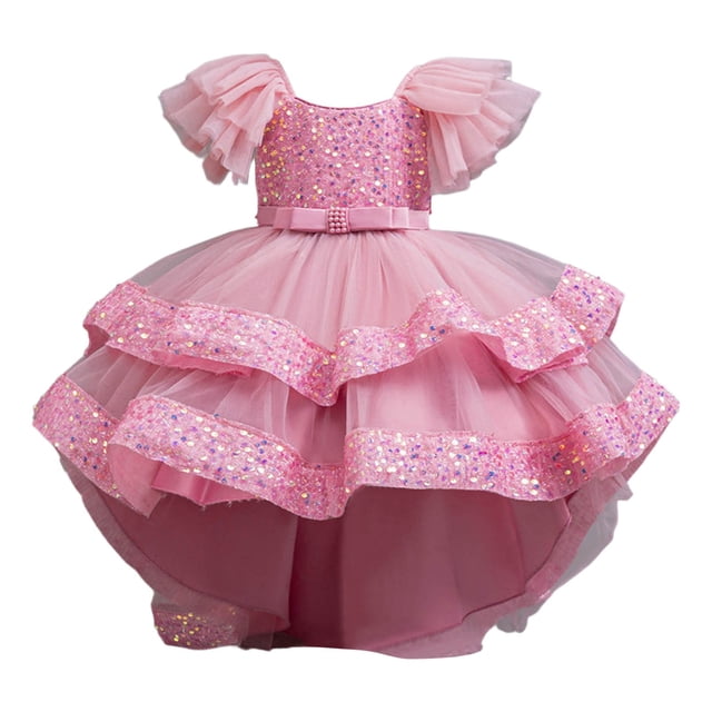 HXWCHs Robe Grande Fille Robe Élégante Formelle pour Filles avec Traîne Détachable Concours Fête Mariage Robe de Récital Rose 2-3 Ans