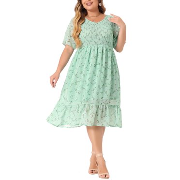 GRACE & GRANDEUR Women's Plus Size Floral Chiffon Midi Dress Smocked Empire Waist V-Neck Summer Sundress with Ruffled Hem 1X Light Green