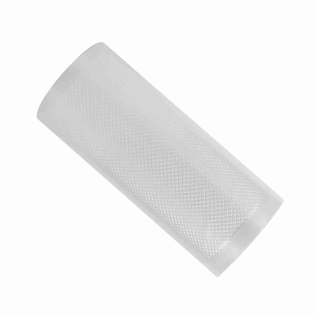 Sacs de Scellage sous Vide, Sac de Scellage en Rouleau pour Scelleuse sous Vide pour Conservation des Aliments avec construction à Plusieurs Couches, Présenté comme un Sac transparent Roulé avec un Côté Présentant un Motif de grain Texturé et l'Autre Côté Lisse. Conçu pour la Résistance au Gel et Réutilisable pour le Rangement à la Maison et dans la Cuisine. options de Tailles Approximatives Incluent 25 x 500cm, 20 x 500cm, 15 x 500cm et 12 x 500cm.