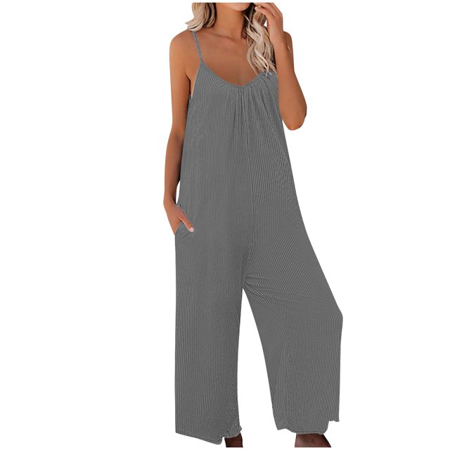 RKSTN Jumpsuits for Women 2024 V Neck Sleeveless Jumpsuits Spaghetti Straps Solid Color Loose Plus Size Long Pants Rompers with Pockets