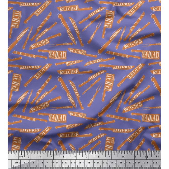 Soimoi Purple polyester Crepe Fabric Text & Knife Kitchen Printed Fabric 1 Yard 42 Inch Wide