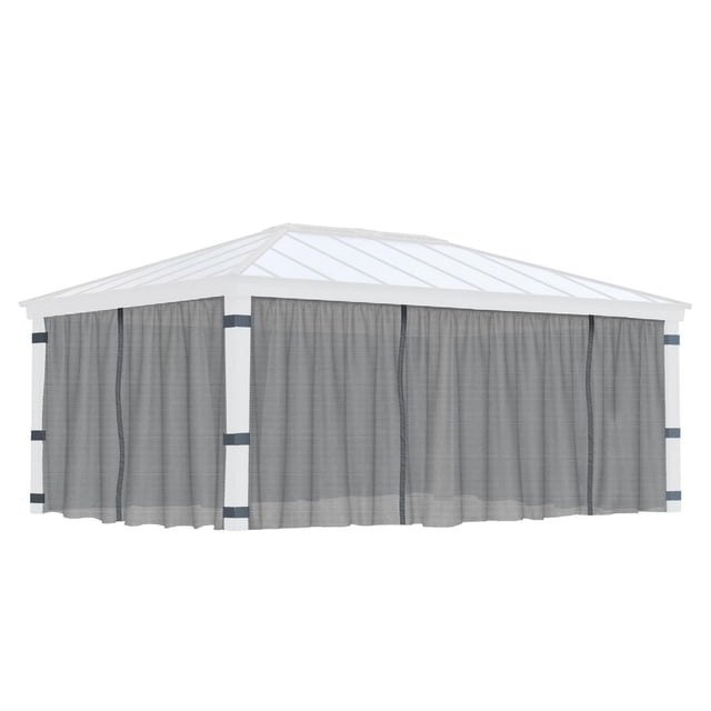 Canopia by Palram Dallas 14 x 20 Gazebo Mosquito Netting Set with dark grey polyester mesh screens enclosing a white soft-top gazebo frame, featuring four connected screens with zippers and easy-to-clip hooks for full insect protection and airflow, suitable for outdoor shade and garden use in Canada.