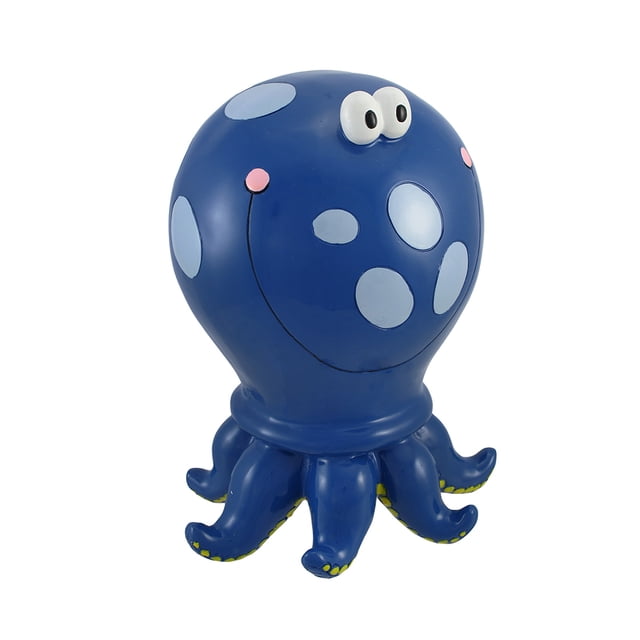 Banque de Pièces pour Enfants Pieuvre à Pois Bleus, 10 Pouces de Hauteur, en Résine Moulée à Froid avec accents Peints à la Main. Présente un design de Pieuvre Fantaisiste avec des Pois Bleu Pâle, un Visage Souriant et Huit Tentacules Détaillés. Inclut une Prise en Plastique au Fond pour un Accès Facile aux Pièces. Idéal pour les Enfants Qui Aiment les Créatures Marines et comme Façon Amusante d'Encourager les Habitudes d'Épargne.