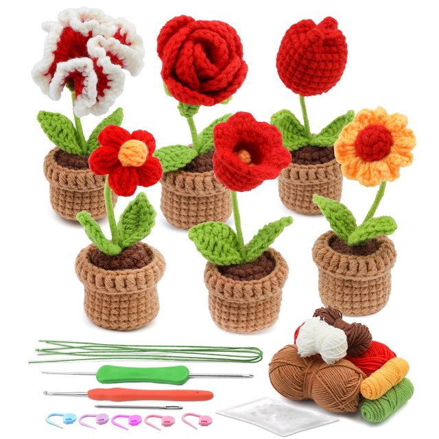 Crochet Kit for Beginners, 6 Pcs Crochet Potted Flowers Kit (Red), Complete Crochet Kit for