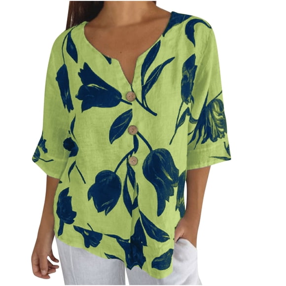 lcziwo Cotton Linen Tops for Women, Ladies Linen Shirts Hawaiian Style V Neck Short Sleeve Tops Trendy Dressy Blouses Casual Loose Comfy Tunic Tops Green,XL