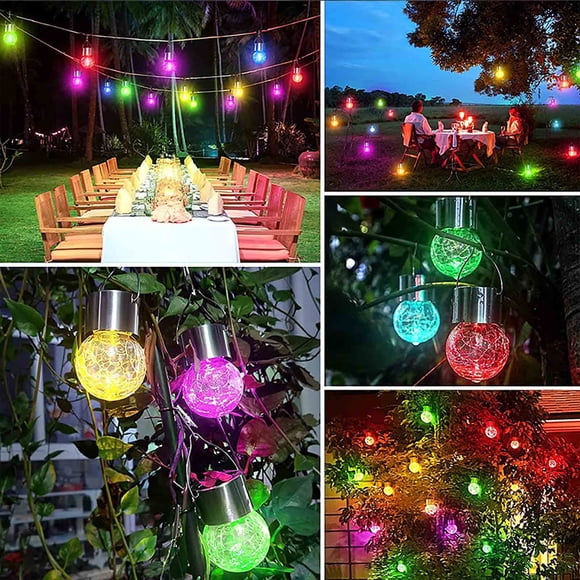 Birdeem Outdoor Solar Hanging Lights,Solar Glass Ball Pendant Light with Crackle Design,Led Rattan Ball Lantern for Garden Patio Yard Decoration,Weather-Resistant String Lights