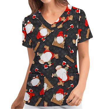TIMIFIS Blouse d'Uniforme Imprimée de Noël pour les Fêtes, Hauts d'Uniforme Imprimés d'Halloween, Bonhomme de Neige, Manches Courtes, Col en V, Tunique de Travail pour Soins Infirmiers, Blouse d'Uniforme de Travail avec Poches - Noir - Automne/hiver