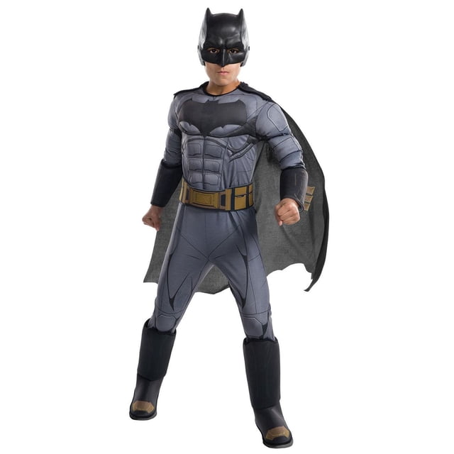 Justice League Batman Deluxe Boy's Costume with a grey polyester jumpsuit featuring printed muscles and a black bat symbol, black cape, yellow utility belt, black boot tops, and a black half mask with bat ears, shown in a front-facing standing pose.
