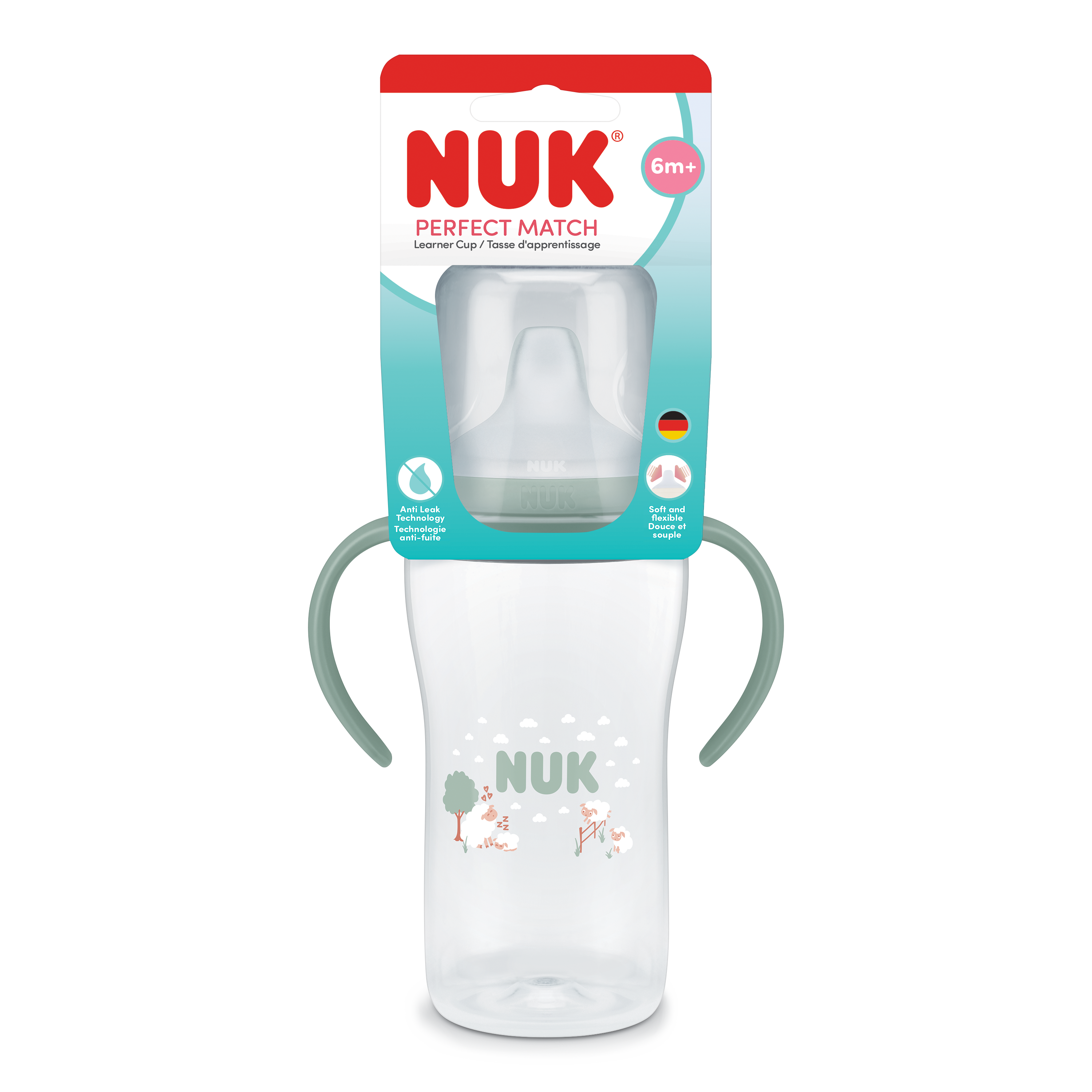 NUK Perfect Match Learner Cup, 6+ Months, 260 ml, Leak Proof Sippy Cup Toddler Bottle, Anti-Slip Handles, Sheep, 1 Count