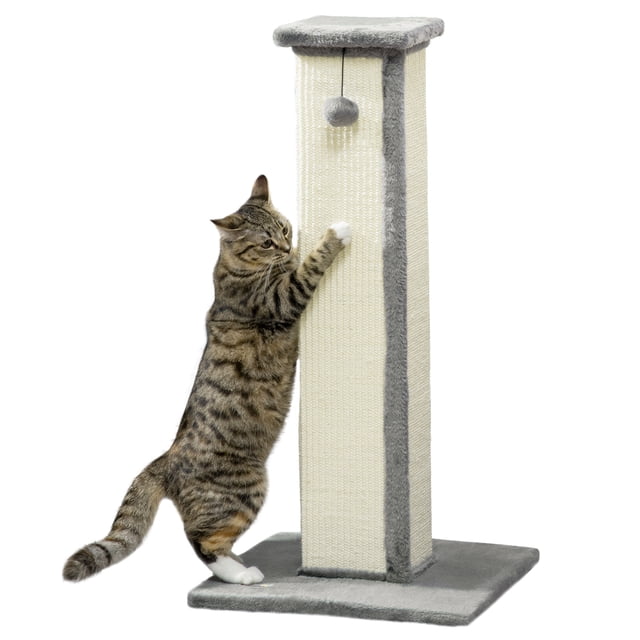 PawHut 32" Cat Scratching Post for Indoor Cats w/ Sisal Teasing Ball Grey centered front view of a 32-inch tall grey plush cat scratching post with a 16.1" square base, 29.9" sisal-wrapped particleboard post and 7.7" plush top platform; hanging sisal teasing ball beneath the platform, cream-white accents, suitable for indoor cats under 10 lbs and often used as a compact perch for resting or light play.