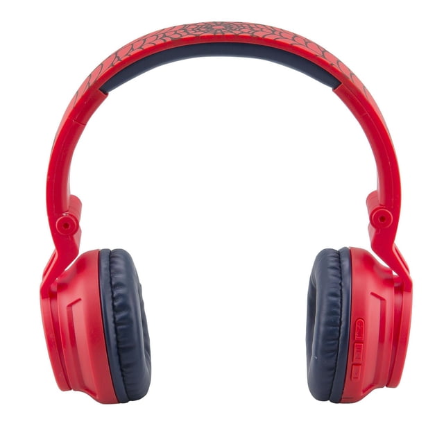 SPIDERMAN BLUETOOTH HEADPHONES in red with black padded ear cushions and spider web pattern on the adjustable headband, featuring wireless Bluetooth streaming, built-in microphone, volume controls on the right earcup, foldable for portability, and safe listening volume for kids.